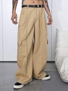 Manfinity Hypemode Lösa cargojeans med vida ben och sidofickor, khaki, vår/sommar - Kaki - Visa 4