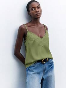 Maija 女款優雅橄欖綠對比蕾絲飾邊細肩帶背心上衣，寬鬆版型，適合夏季賓客穿著、休閒秋季與萬聖節 - 綠色 - 查看 6