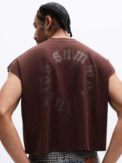 SUMWON Sleeveless Graphic Tank Top With Text Print Crew Neck Regular Fit Summer Casual Streetwear Men's Vest Style Top