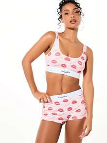 BABYPHAT Conjunto de sujetador tipo bralette y pantalón corto con estampado de labios. Ropa interior a juego de dos piezas con diseño de besos lindos para el Día de San Valentín en color rosa y blanco. - Rosa - Ver 8