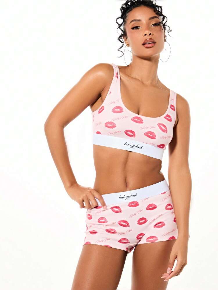 BABYPHAT Lip Print Bralette And Short Set Cute Kiss Pattern Lounge Underwear Matching Two Piece Intimate Lingerie Pink White For Valentine's Day