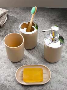 4pcs Beige Bathroom Kit Lotion Bottle+Toothbrush Holder+Mouthwash Cup+Soap Box (One For Each) - Multicolor - View 6