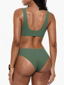Swim Basics Summer Beach Solid Bikini Set V Wired Bra & Bikini Bottom 2 Piece Bathing Suit - Green - View 3