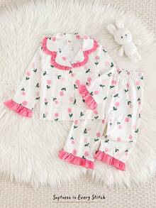 Cozy Pixies 2件套幼儿女童花卉郁金香玫瑰印花荷叶边长袖开衫和松紧腰裤套装 - 彩色 - 查看 1