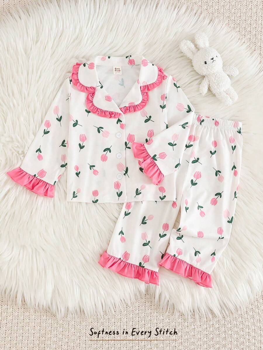 Cozy Pixies 2件套幼儿女童花卉郁金香玫瑰印花荷叶边长袖开衫和松紧腰裤套装 - 彩色 - 查看 1