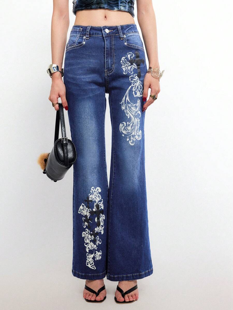 Bloopia 女士印花口袋休闲复古喇叭牛仔裤 - 藍色 - 查看 1