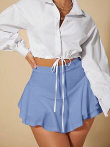 SHEIN SXY 夏季性感高腰荷叶边短裙 - 淺藍色 - 查看 5