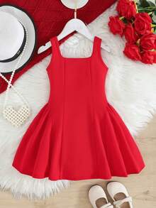 SHEIN 小女孩红色蝴蝶结装饰腰身连衣裙，红色姐妹装 - 紅色 - 查看 2