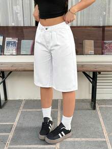 SHEIN EZwear Women's Casual Everyday Commute Simple Versatile Solid Color Pleated Loose Denim Capri Pants - White - View 5