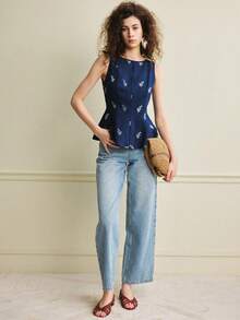 Écloséra 女士蓝色刺绣花卉印花衬衫，修身剪裁，拉链娃娃衫款式，适合夏季度假、深色系上衣、休闲上衣、夏季假期、优雅场合、派对上衣、情人节、春假穿着。时尚休闲通勤装、商务办公装、百搭时尚日常休闲装、都市教师职业装 - 藍色 - 查看 7