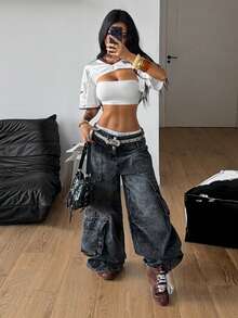 Coolane Áo croptop ngắn tay màu bạc phối lưới satin dành cho nữ. - Đỏ - Xem 5