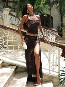 Opulessa 2pcs Women's Knit Mesh Printed Camisole & High Slit Skirt Set, Suitable For Spring/Summer Vacation - Dark Grey - View 4