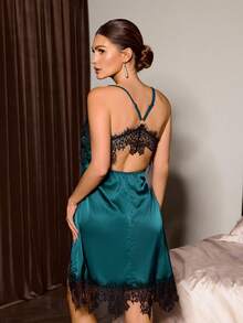 Slumberist 2pcs Faux Silk Lace Patchwork Criss-Cross Backless Tie Robe & Slip Dress Set For Women - Teal Blue - View 6