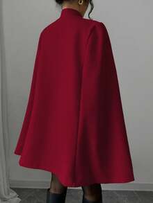 Rafferiza 优雅立领撞色中式纽扣斗篷外套，女士款，厚羊毛面料，秋冬红色斗篷，适合冬季、教堂等场合，樱桃红 - 玫瑰紅 - 查看 2