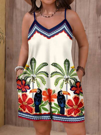 EMERY ROSE Vintage Boho Floral Print Casual Loose Jumpsuit, Suitable For Summer Vacation, Plus Size