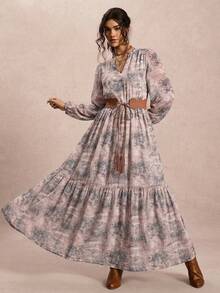 SHEIN VCAY Robe imprimée tout-aller à encolure échancrée, grande taille - Nude - Voir 2