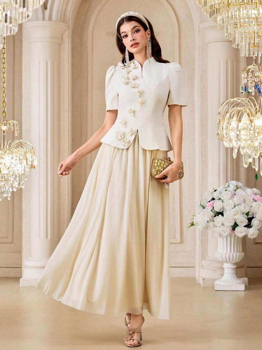Modelyn 女款優雅3D花朵貼飾荷葉邊上衣與飄逸長裙兩件套，米色象牙白，適合新娘母親、婚禮賓客、夏季用餐派對穿搭