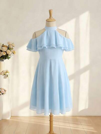 SHEIN Tween Girls' Elegant Minimalist Fashion Halter Neck Ruffle Sleeve High Waist Mid-Length Solid Color Chiffon Blue Dress, Summer Tween Girls Graduation/Wedding Flower Girl Dress