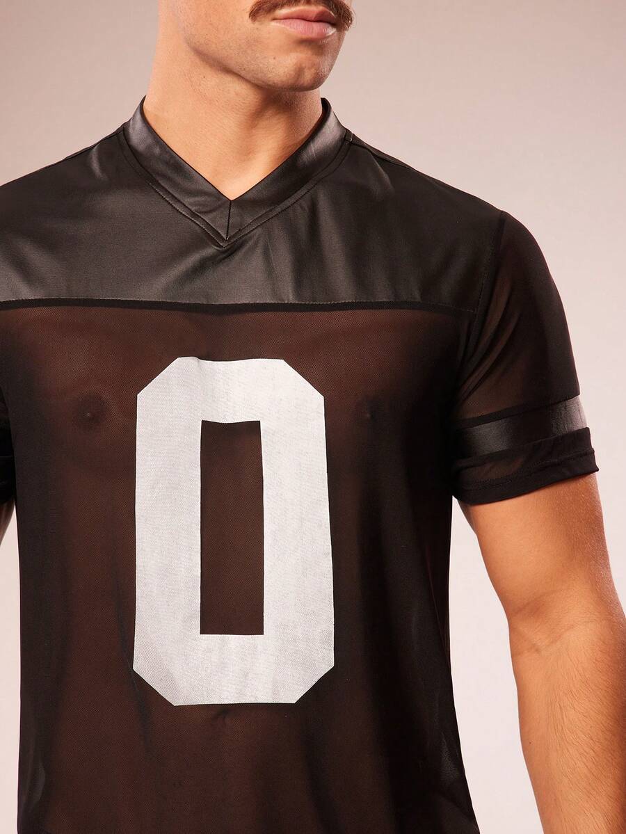 FeverCity Sexy Mesh Sheer V-Neck Faux Leather Crop Top, See-Through Short Sleeve T-Shirt - Black - View 1