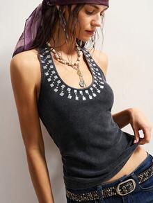 Bohemela 波西米亚风秋冬/春装外套，复古女士休闲纯色水洗黑色针织修身露背吊带上衣，饰有铆钉细节，西部乡村风格，适合音乐会派对、海滩度假、日常穿着、返校季、外出、派对、情人节、新年、2000年代Y2K、夏季假期等场合。 - 黑色 - 查看 8