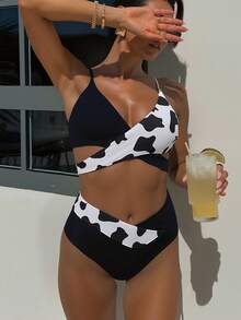 Swim Mod Summer Beach Cow Print Wrap Bikini Set, Vacation Bikini - Black and White - View 1