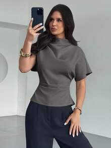 Firerie Crinkle Collar Asymmetrical Sleeve Side Ruched Waist Slim Fit Apricot Bamboo Linen Fabric Blouse For Women, All Season - Grey - View 5