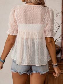 LanaWest Áo kiểu nữ phương Tây thường ngày, chất liệu vải dệt họa tiết, phối ren tương phản, tay ngắn. - Màu be - Xem 2