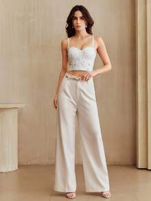 Anewsta White Lace Sequin Beaded Bustier Style Crop Top, Elegant - White - View 5