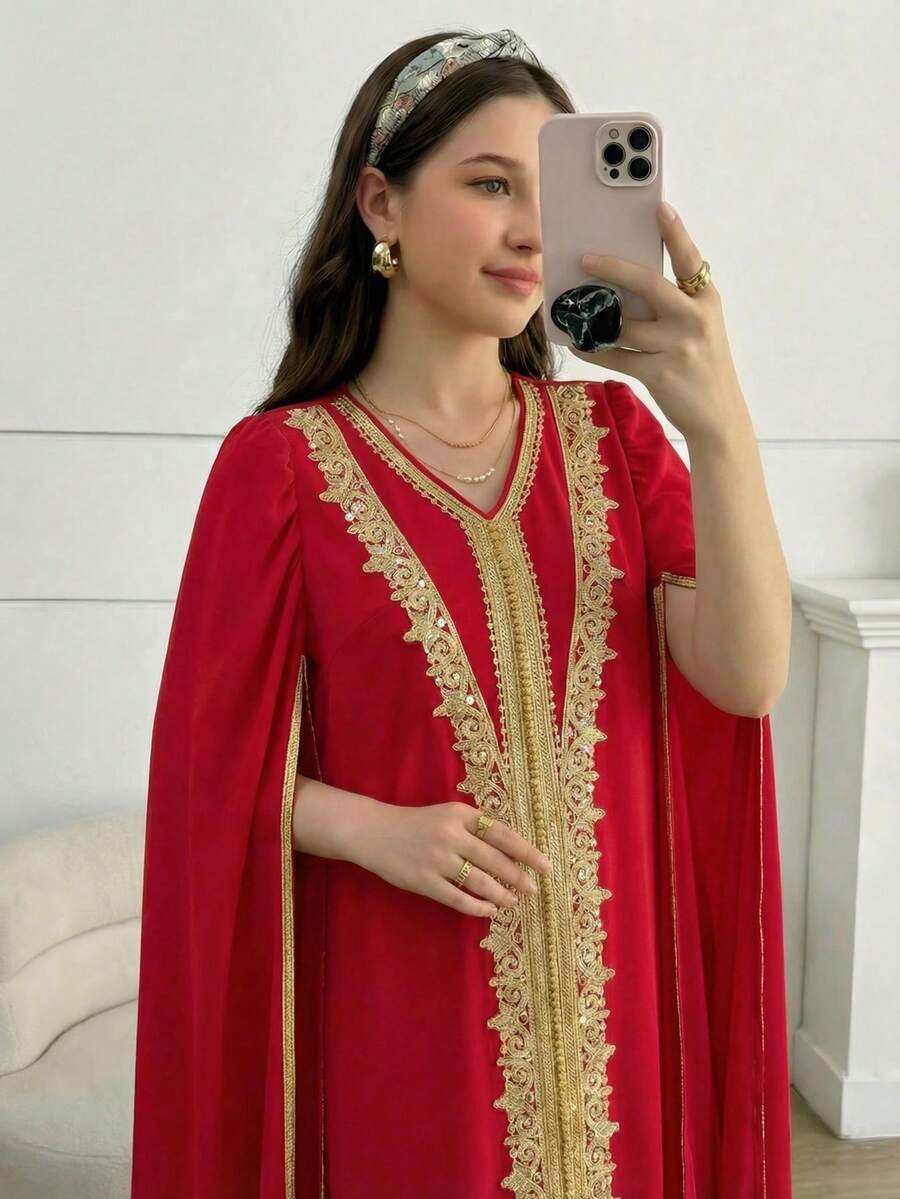 Sparklyn 少女缀饰V领优雅长款连衣裙 - 紅色 - 查看 1