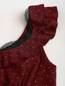 Sweetra Women's Lace Patchwork Ruffle Hem Polka Dot Sexy Low-Cut Waist Exposed Shoulder Backless Blouse, Suitable For Spring, Summer, Autumn, Winter - Burgundy - View 4