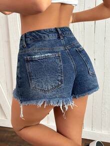 EURMUSE Short en jean mini taille basse avec détails lavés - Jean bleu - Voir 2