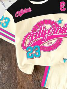 2pcs/Set Young Girl Casual Retro Collegiate Sports Number 23 Print Short Sleeve T-Shirt And Shorts Set, Suitable For Summer, Back To School