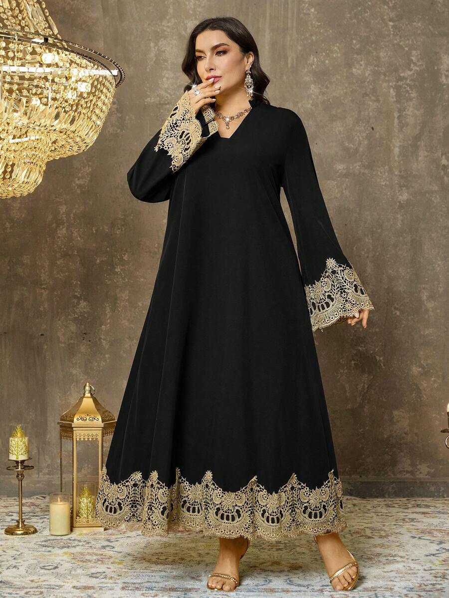 EMERY ROSE 大码V领休闲派对连衣裙，舒适、优雅、精致时尚设计 - 黑色 - 查看 1