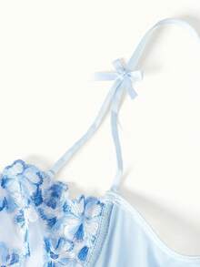 Bonmuse Sexy Lingerie For Women, Blue Mesh, Ultra-Thin, Floral, Patchwork, Embroidered, Molded, Sweet, 2 Pieces Set: Bra + Thong, Cool Light Blue