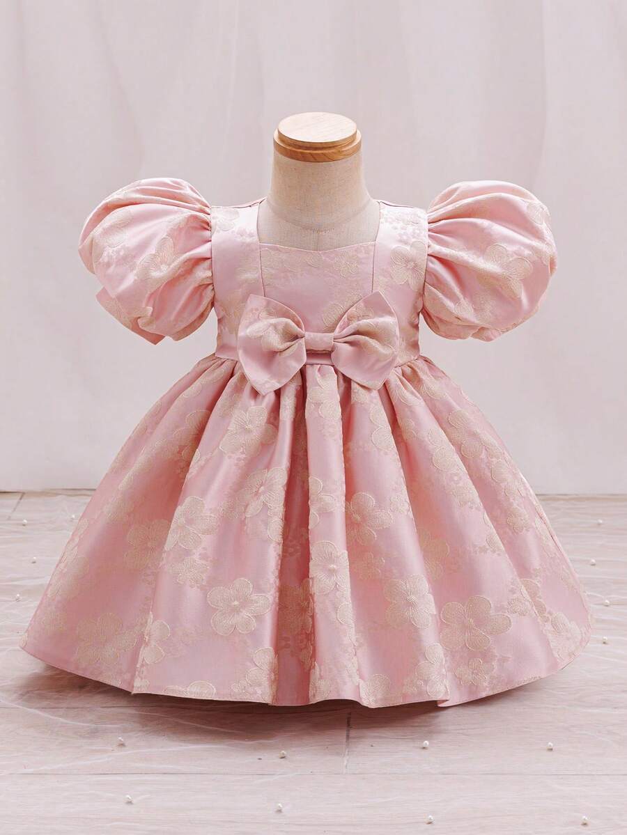 Glamorique Kids Baby Girl Jacquard Puff Sleeve Bow Decor Waist Partywear Dress