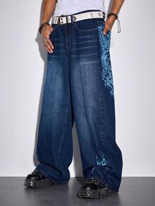 ROMWE MEN Street Life Quần jean denim nam kiểu dáng thường ngày, in họa tiết chéo, đã qua xử lý. - Màu xanh lam - Xem 6