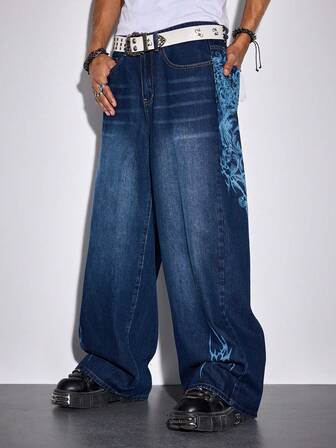 Street Life Jeans de mezclilla casual con estampado de cruz lavado para hombres