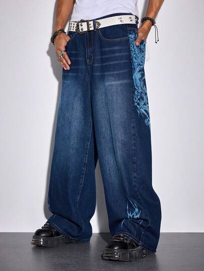 Street Life Jeans casual da uomo in denim lavato con stampa a croce