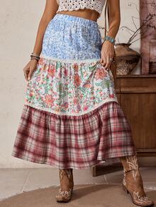 LanaWest Women's Casual Patchwork Elastic Waist Midi Skirt - Red - View 3