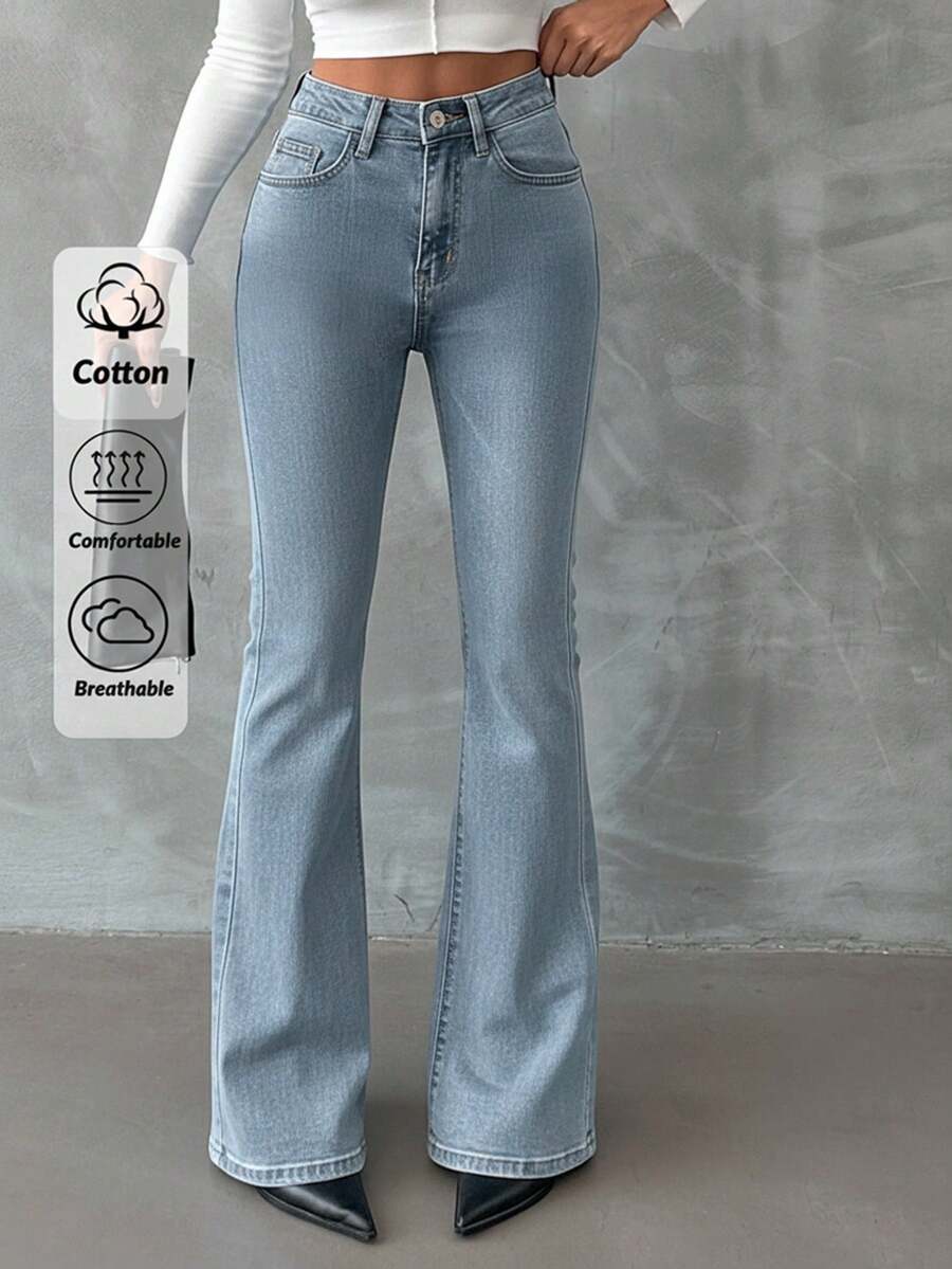 SHEIN 98%Cotton Zip Front Skinny Flare Jeans TALL - Baby Blue - View 1