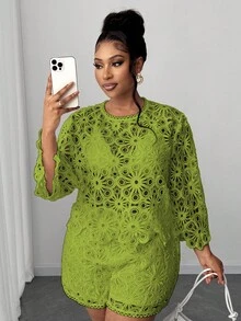 Maweii 大码纯色镂空圆领薄纱休闲长袖衬衫 - 芥末黃 - 查看 6