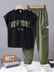 SHEIN 2pcs/Set Tween Boy Casual Comfortable Sleeveless Printed Top And Drawstring Pants Set,Black,Summer,Streetwear,City Break,Outdoor,Sports,School,Party - Army Green - View 4