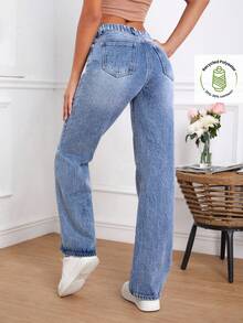 EMERY ROSE 大码女式带口袋纽扣休闲百搭通勤牛仔裤 - 藍色 - 查看 2