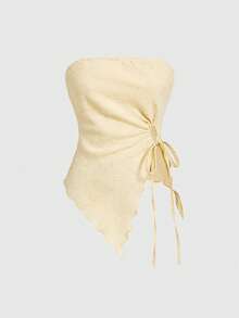 ROMWE Avant Áo ống nữ kiểu dáng vintage cơ bản, chất liệu vải có họa tiết, phong cách nghỉ dưỡng, vạt áo bất đối xứng - Màu vàng - Xem 1