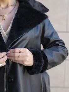 Hitanina Women's Casual Long Fluffy & PU Leather Splice Trench Coat, Autumn Fall Winter Cloth For Women - Black - View 3