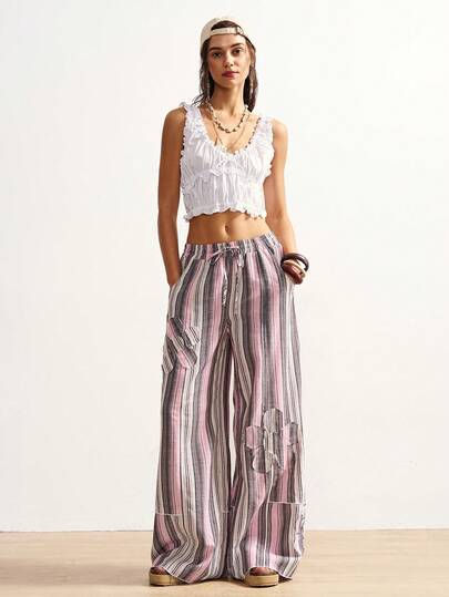 Bohemela Women's Spring/Summer Casual Vacation: Bohemian Ocean Style Loose-Fitting Striped Linen Pink Wide-Leg Pants, Carnival, Beach For Women, Beach Pants