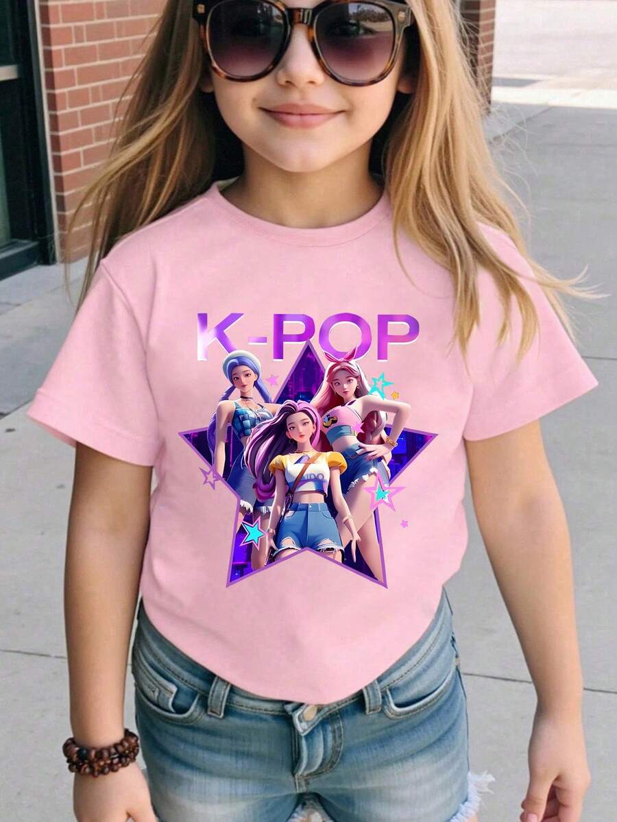 SHEIN Kpop Girl Graphic Print Round Neck Short Sleeve Casual T-Shirt - Pink - View 1