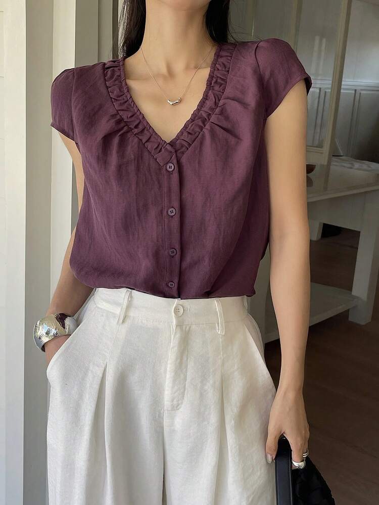 Women's Casual Daily Commute Simple Solid Color V-Neck Cap Sleeve Button Front Blouse, Summer