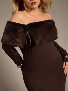 Auralis Plus Size Women's New Elegant Faux Fur Collar Patchwork Long Sleeve Fit & Flare Maxi Dress, Suitable For Valentine's Day, Concerts, Performances, Dates, Formal Dinners, Galas, Weddings, Sexy & Romantic Mermaid Style, Birthday Party - Brown - View 7