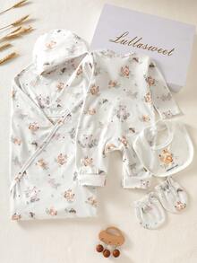 SHEIN White Autumn Cute Holiday Newborn Baby Clothes Gift Set 5 Pack Infant Romper Suit Floral Print Forest Animals Layette Outfit Swaddle Blanket & Robe - Apricot - View 2
